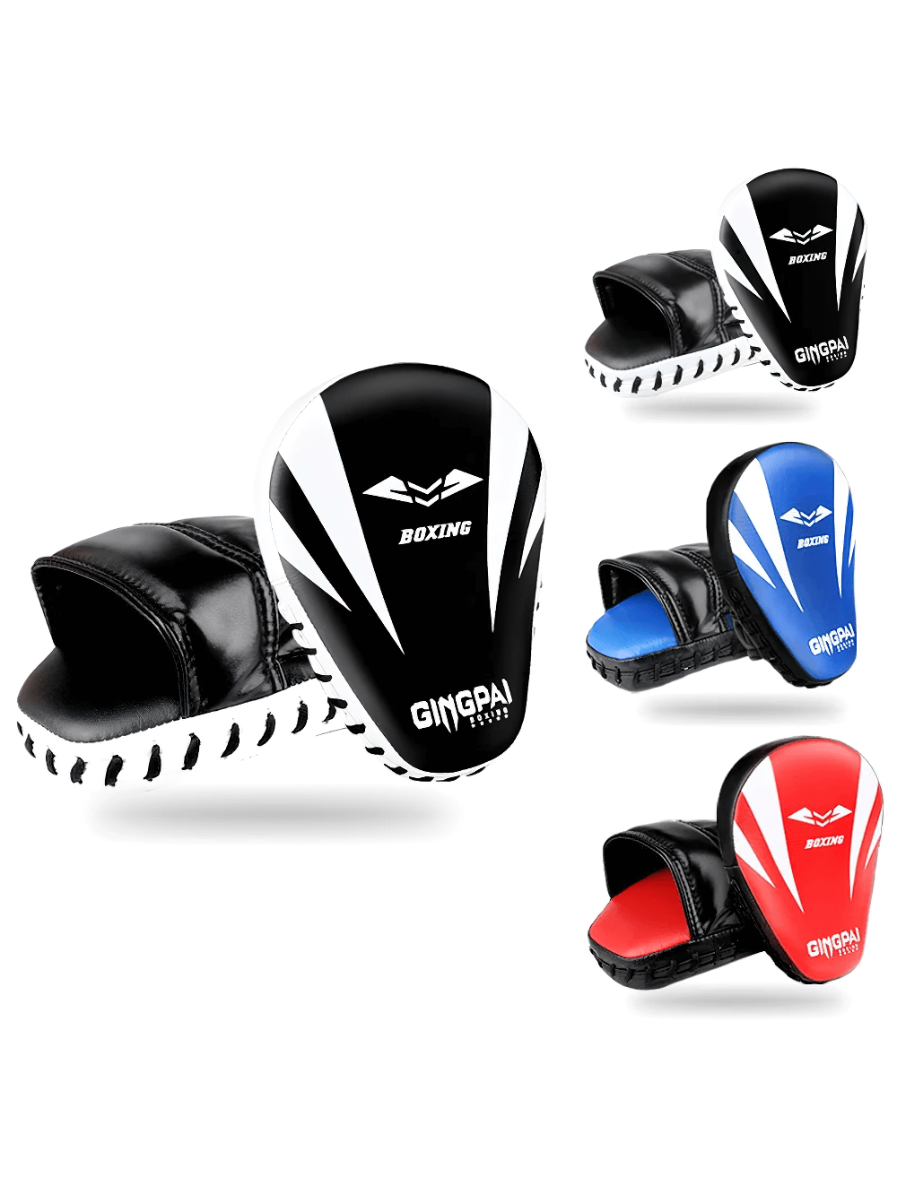 Curved boxing focus pads with ergonomic design for Muay Thai and kickboxing, shown in black, blue, and red variants.