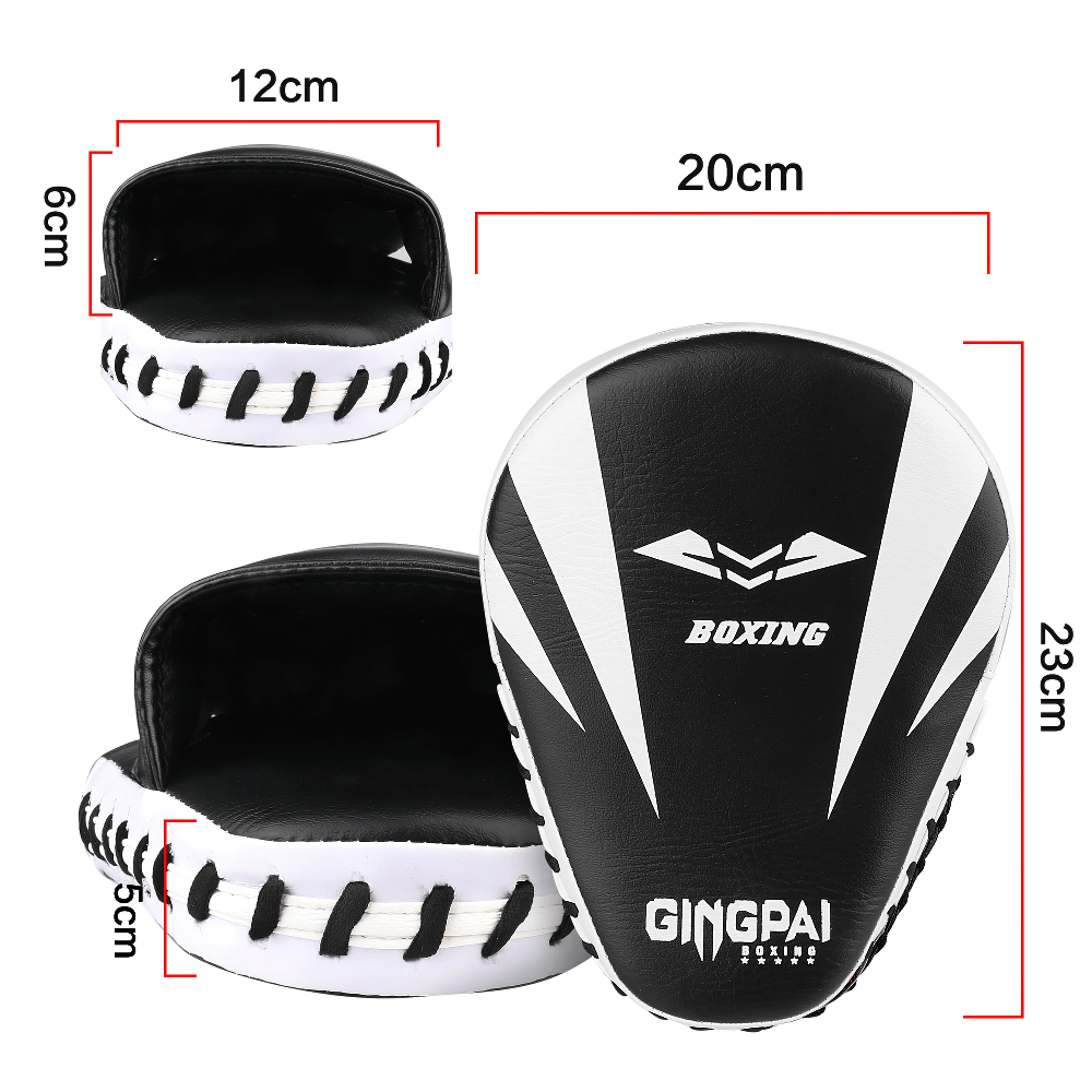 Curved boxing focus pads with hand grip design, perfect for training in martial arts, Muay Thai, and kickboxing, featuring ergonomic fit.