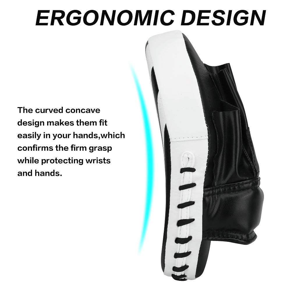 Curved boxing focus pad with ergonomic design for secure grip, ideal for martial arts and kickboxing training, protective and durable.