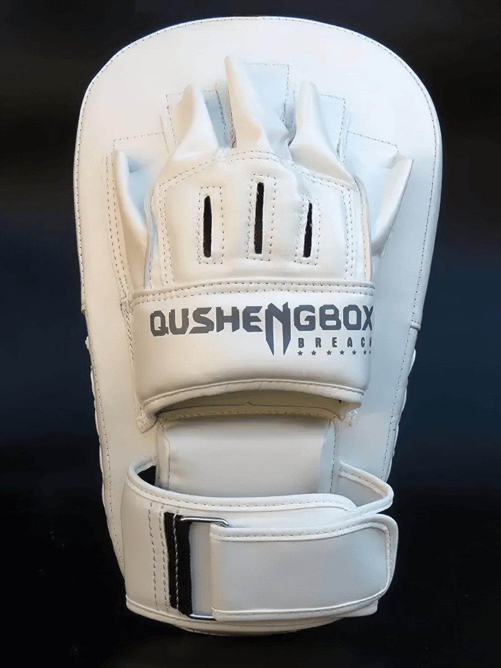 Curved white PU leather focus pad for boxing training with reinforced stitching and secure fit.