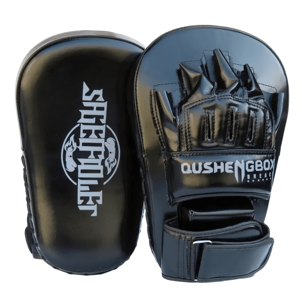 Curved PU leather focus pads for boxing and MMA training with hand-shaped mold and reinforced stitching, ideal for precision practice.
