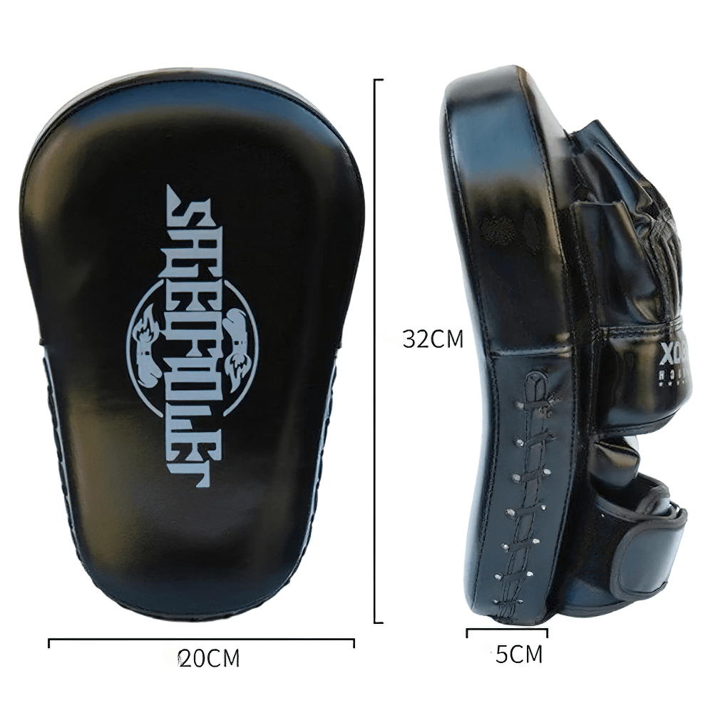 Curved PU leather focus pads for boxing, showing front and side view dimensions, ideal for sparring and MMA training.