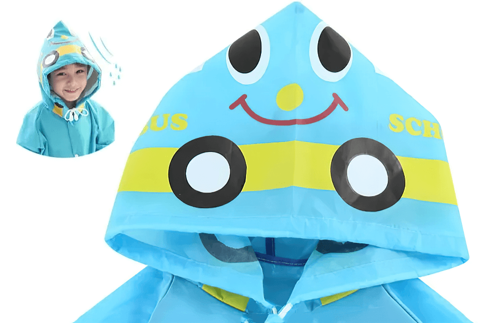 Cute Animal Hooded Waterproof Raincoat with Pockets - SF3616 featuring fun blue car design with smiling face and adjustable hood for kids.