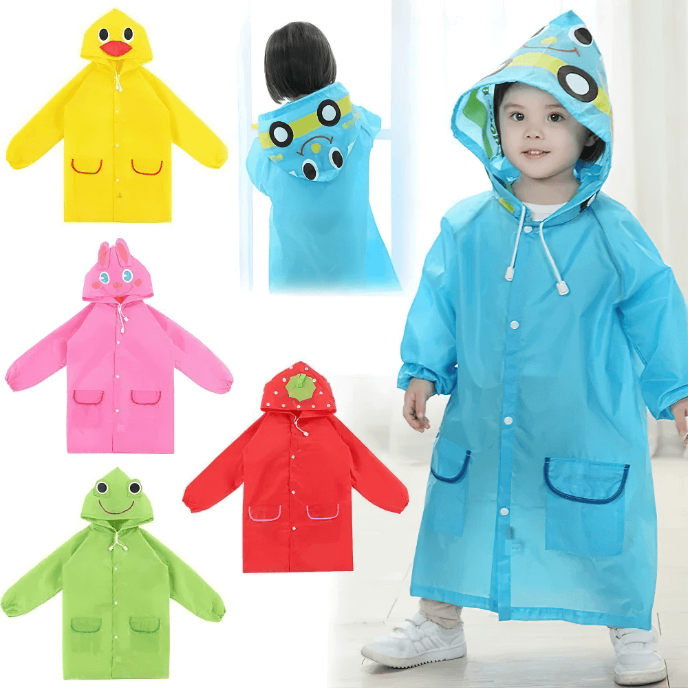 Cute Animal Hooded Waterproof Raincoat with Pockets - SF3616 in vibrant colors like blue, yellow, pink, red, and green.