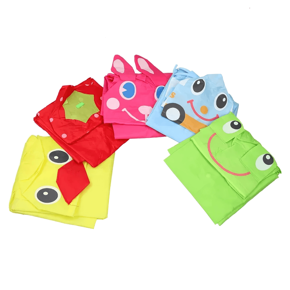 Cute Animal Hooded Waterproof Raincoat with Pockets - SF3616 in vibrant colors with frog, duck, bunny, and car designs for kids.