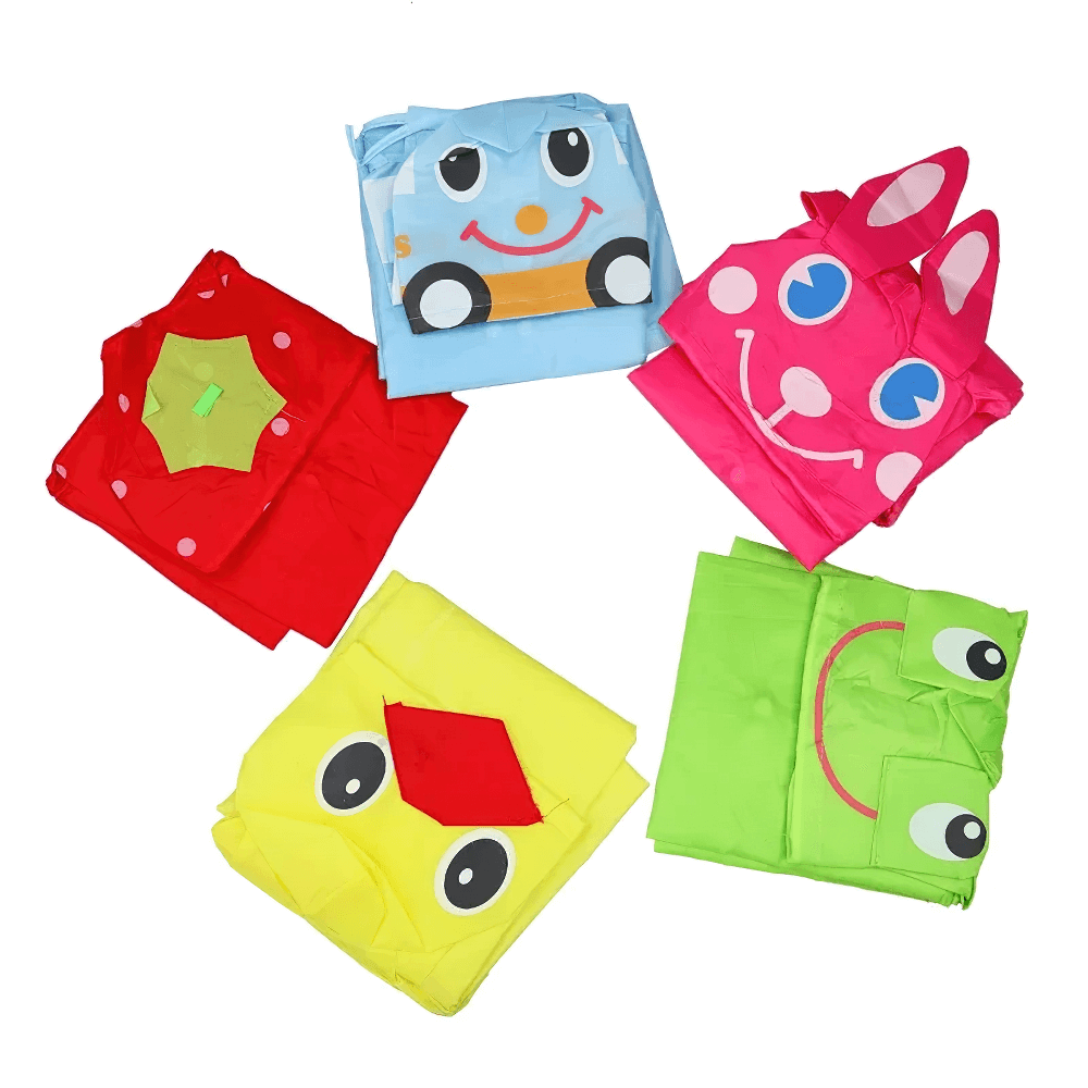 Cute Animal Hooded Waterproof Raincoat with Pockets - SF3616 in vibrant colors with fun animal designs like frog, duck, and bunny.