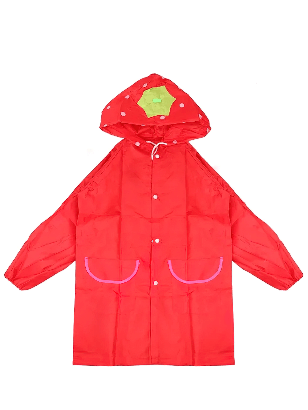 Cute Animal Hooded Waterproof Raincoat with Pockets - SF3616 in red featuring front pockets and a decorative hood.