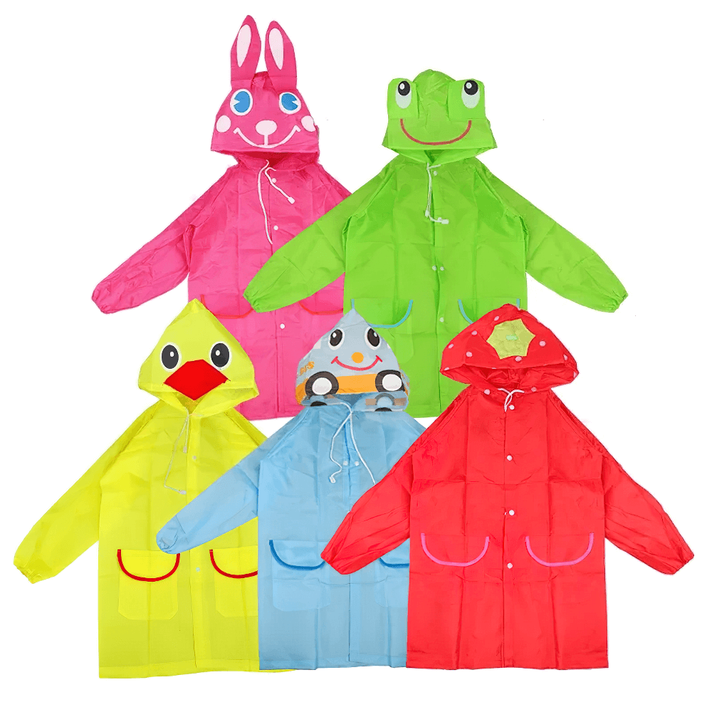 Cute Animal Hooded Waterproof Raincoat with Pockets - SF3616 in pink, yellow, green, and blue with animal faces: frog, duck, bunny, and car.