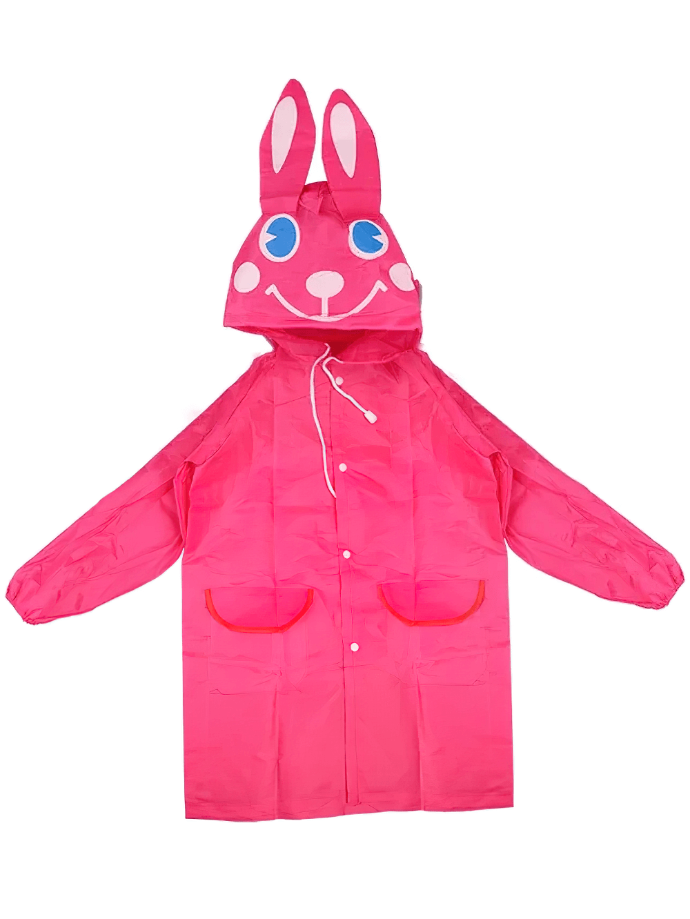 Cute Animal Hooded Waterproof Raincoat with Pockets - SF3616 in pink with bunny face, featuring a hood and front pockets for kids.