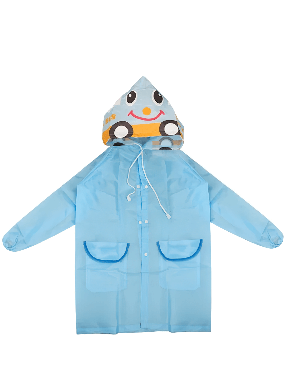 Cute Animal Hooded Waterproof Raincoat with Pockets - SF3616 in blue with car design, perfect for kids to stay dry in style!