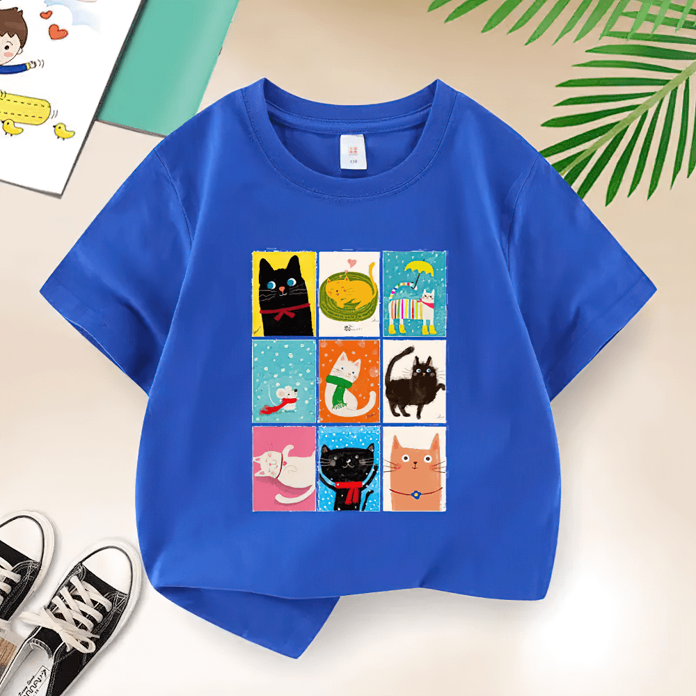 Cute Cat Squares Kids' Graphic Tee with colorful design for toddlers, featuring nine adorable cat illustrations.