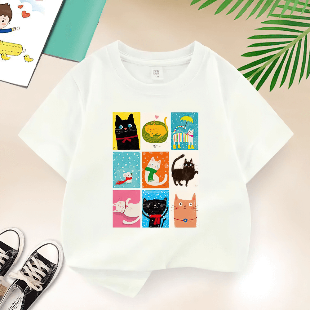 "Cute cat squares kids' T-shirt with nine colorful cat illustrations, perfect for toddlers who love animals. SF3130 graphic tee."