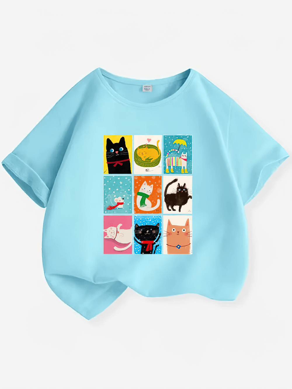 Cute Cat Squares Kids' Graphic Tee - Colorful cat illustrations on blue shirt for toddlers with love for animals