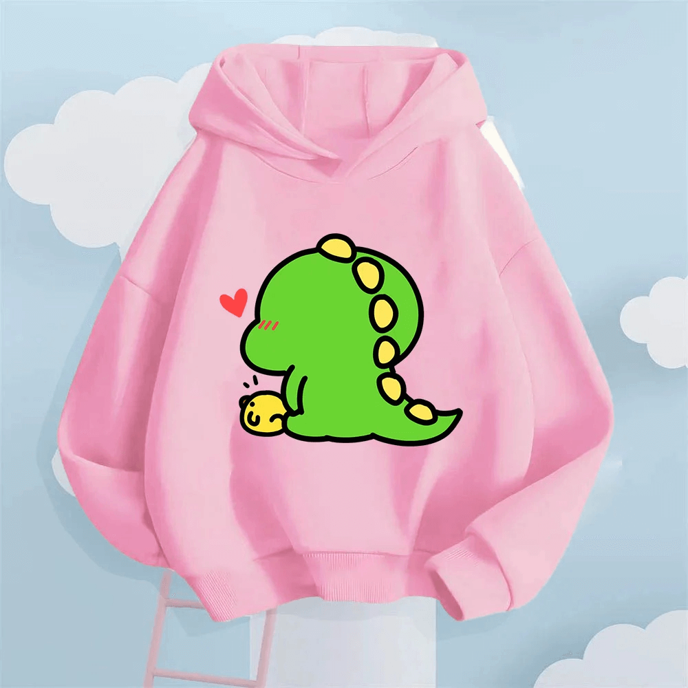 Cute Dino Print Kids Hoodie with Long Sleeves - SF3919 in pink, featuring a playful green dinosaur graphic perfect for boys and girls.