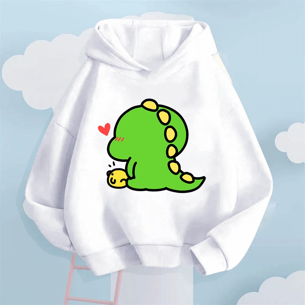 Cute Dino Print Kids Hoodie with Long Sleeves - SF3919 featuring playful dinosaur graphic on white background