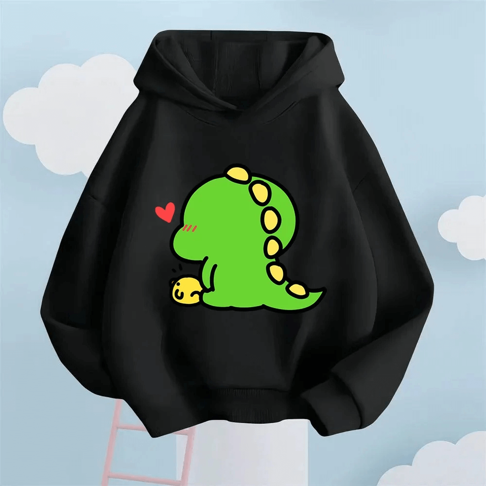 Cute Dino Print Kids Hoodie with Long Sleeves - SF3919, featuring an adorable dinosaur graphic on a cozy black pullover for children