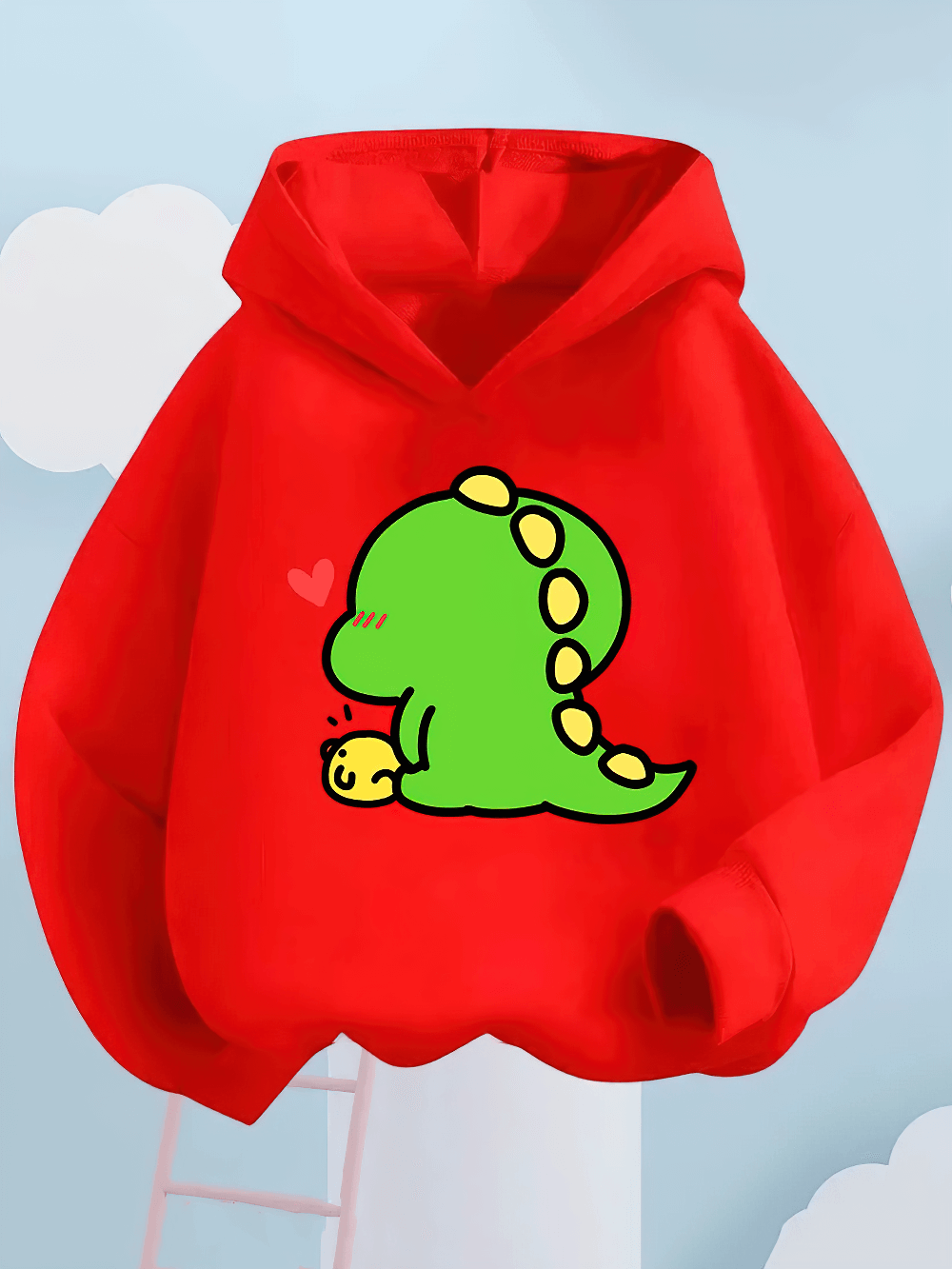Cute Dino Print Kids Hoodie with Long Sleeves - SF3919, featuring an adorable dinosaur graphic on a bright red fabric.