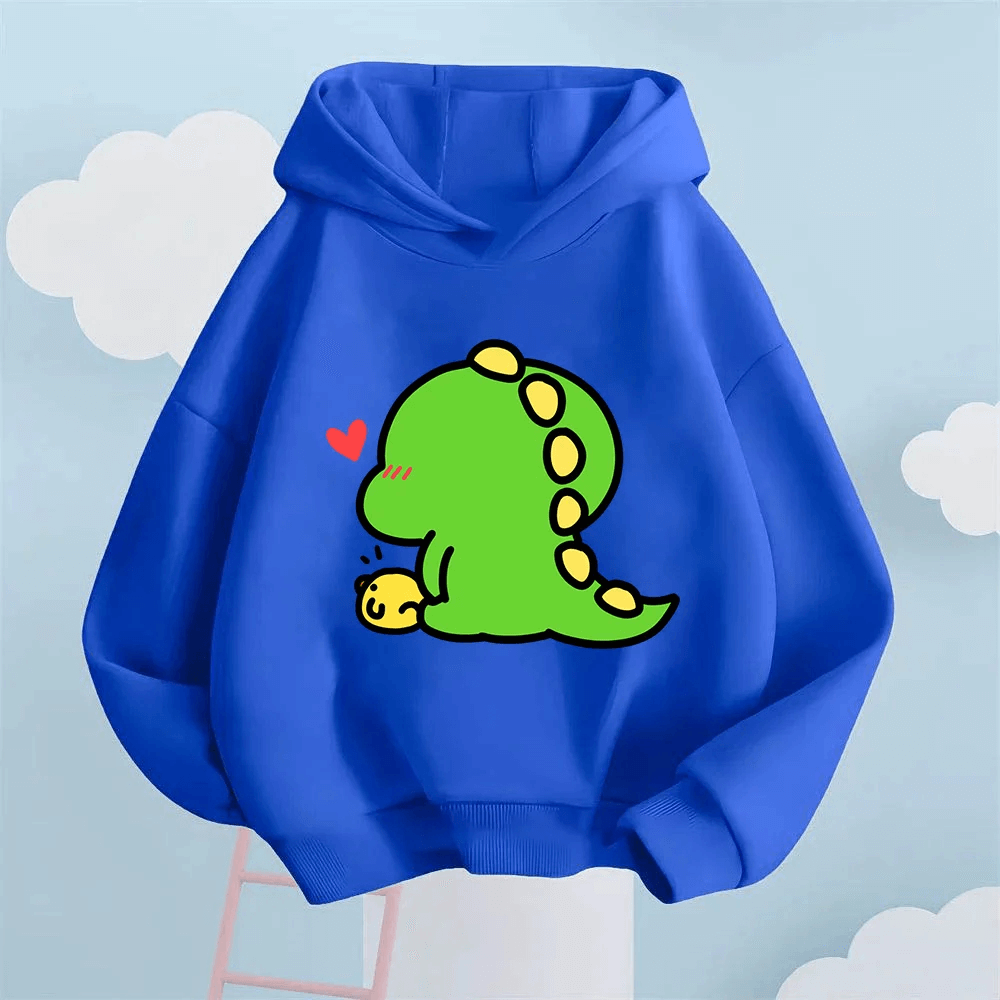 Cute Dino Print Kids Hoodie with Long Sleeves - SF3919 featuring playful dinosaur graphic on a blue background for boys and girls