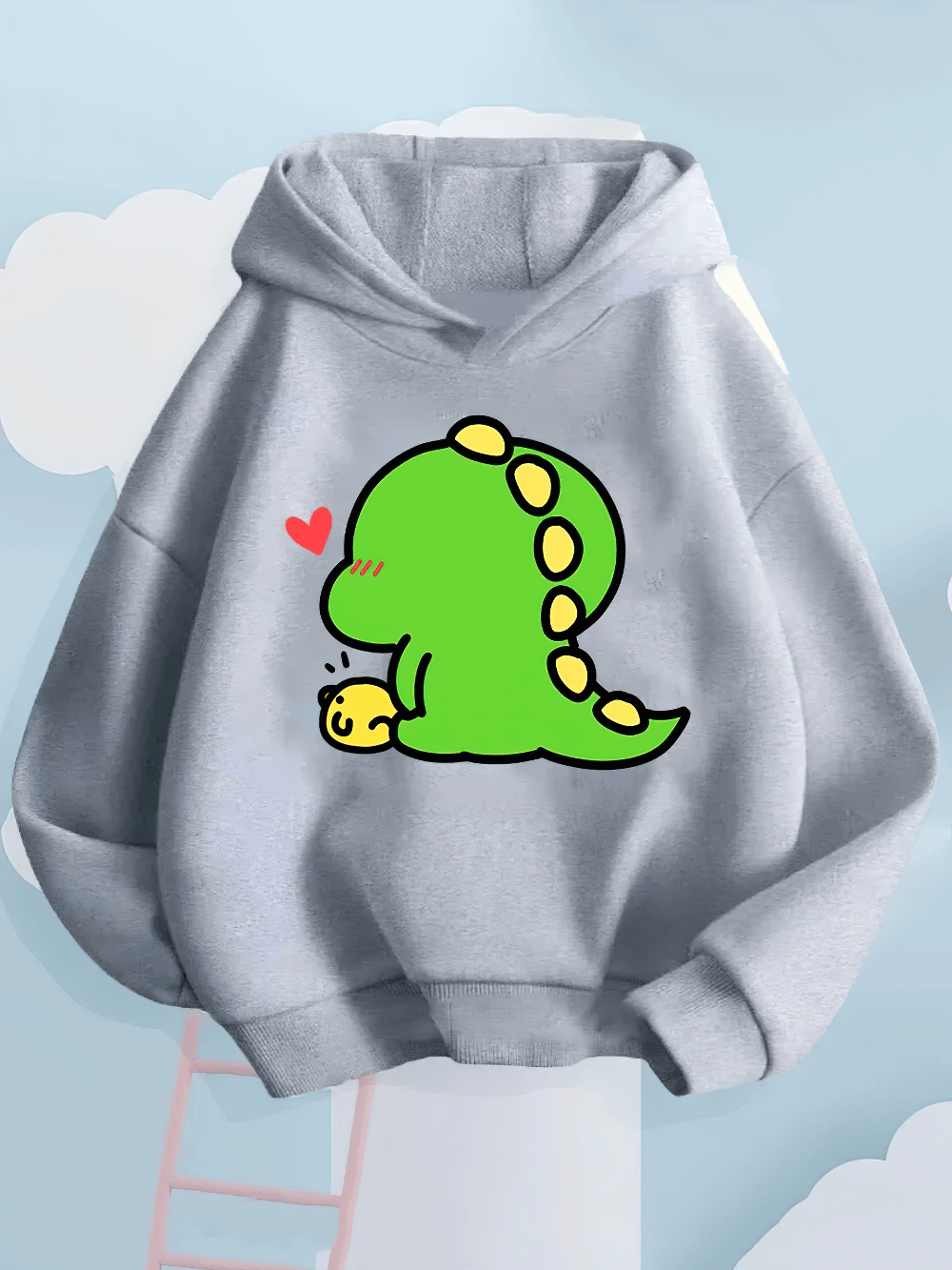 Adorable Cute Dino Print Kids Hoodie with Long Sleeves - SF3919 featuring playful green dinosaur design for boys and girls.