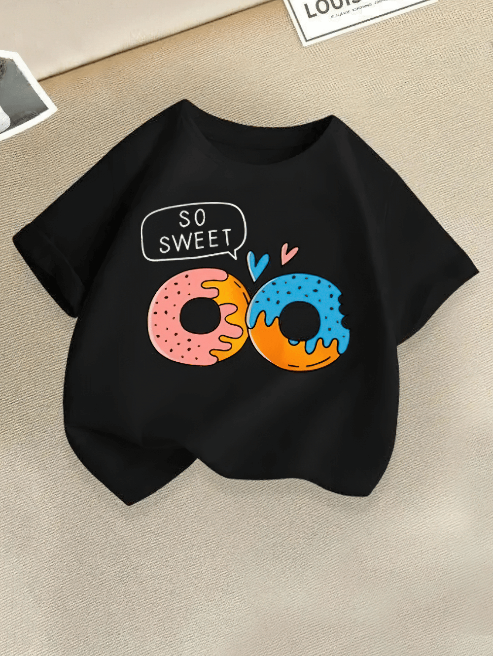 Cute Kids Donut Print T-Shirt With Short Sleeves - SF3850 featuring playful donut graphics on a black tee, perfect for summer fun.