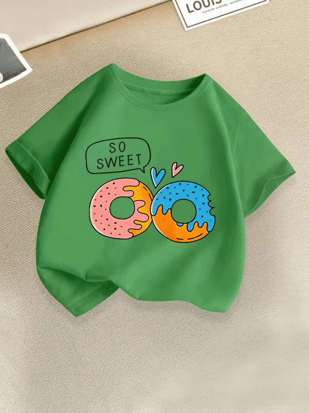 Cute Kids Donut Print T-Shirt With Short Sleeves - SF3850 in green showcasing playful donut graphic and 'So Sweet' text