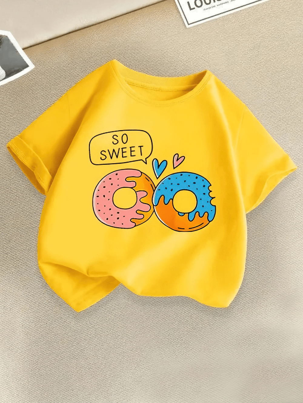 Cute Kids Donut Print T-Shirt With Short Sleeves - SF3850 in yellow, featuring playful donut graphics and 'So Sweet' speech bubble.