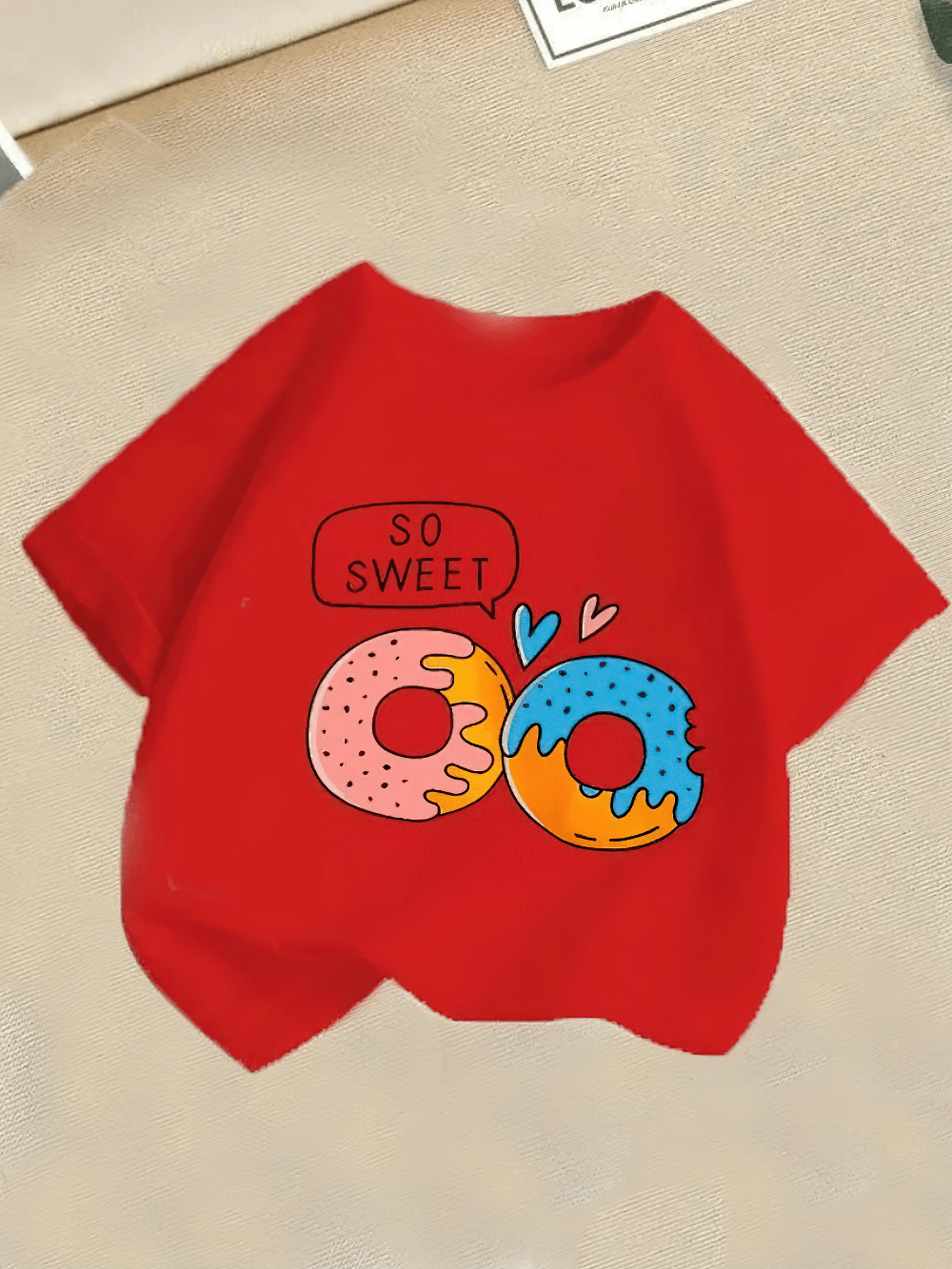 Cute Kids Donut Print T-Shirt With Short Sleeves - SF3850, red tee with playful donut graphic and 'So Sweet' print for children's wear.