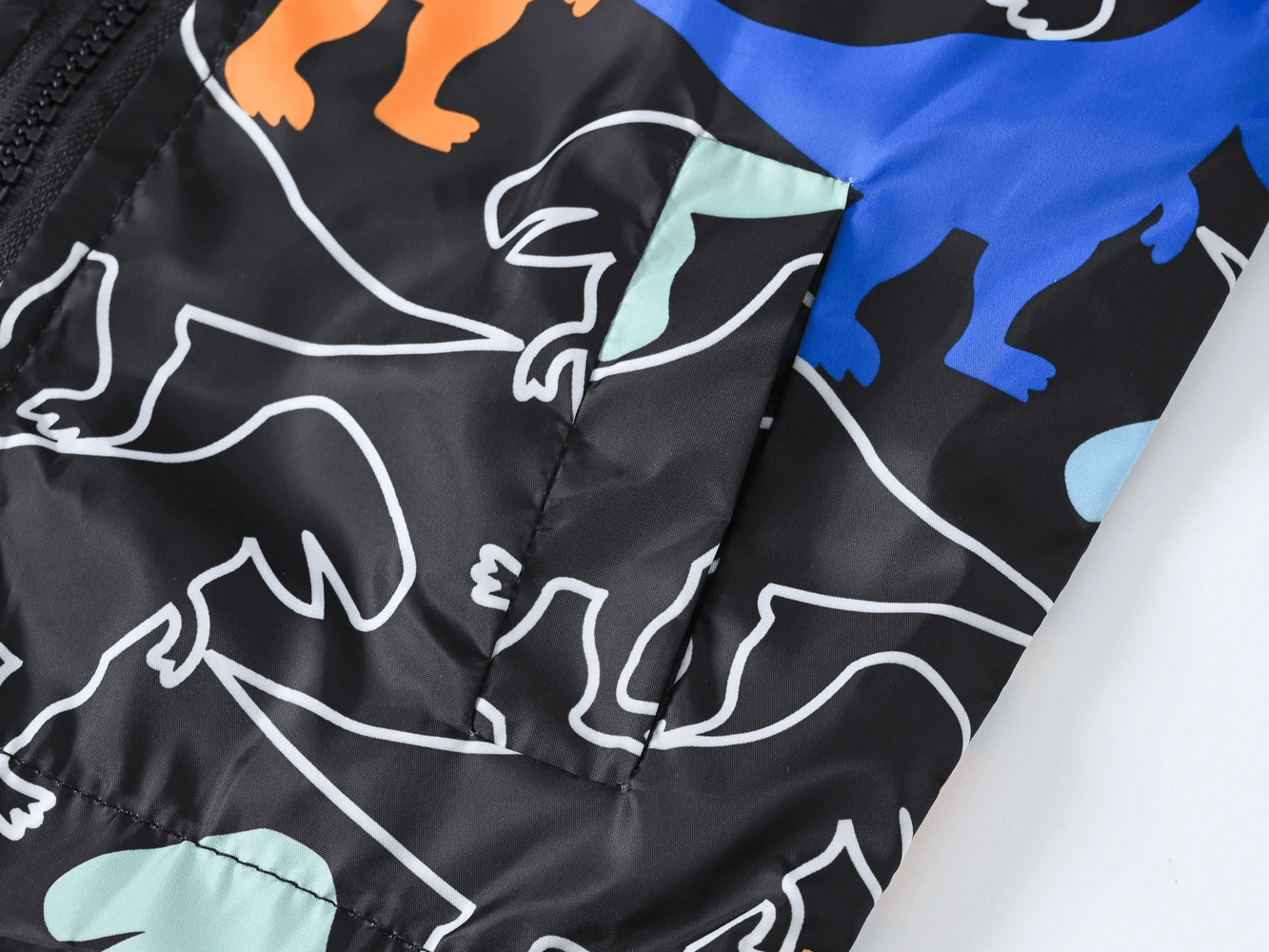 Close-up of Cute Printed Hooded Windbreaker Jacket - SF3594 with colorful dinosaur patterns for children