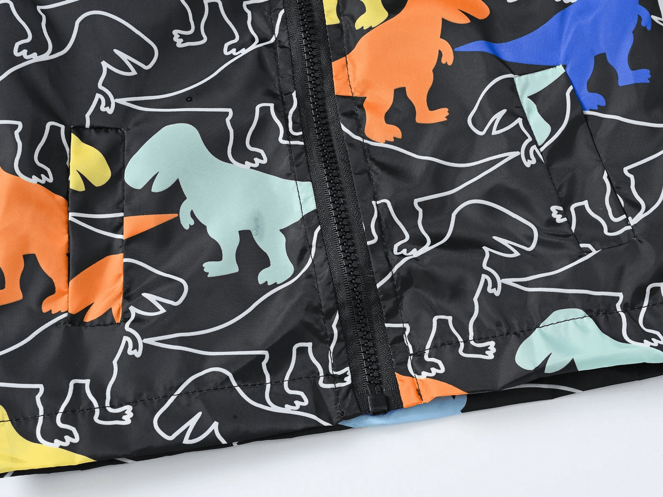 Cute Printed Hooded Windbreaker Jacket - SF3594 featuring colorful dinosaur prints for kids, close-up of fun design and zipper detail.