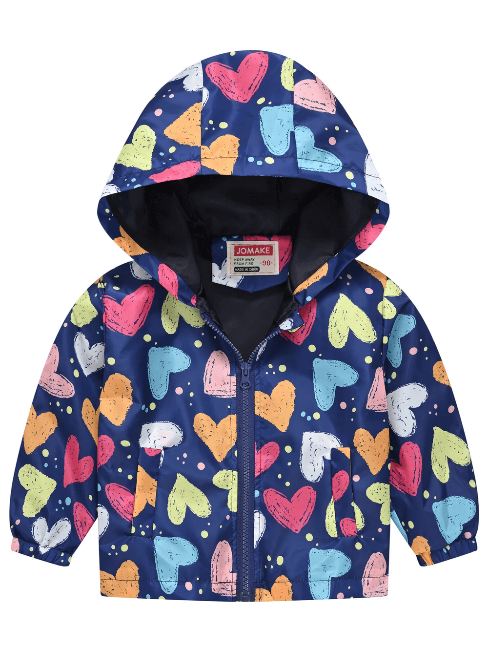 Cute Printed Hooded Windbreaker Jacket - SF3594 with colorful hearts, ideal for kids' outdoor adventures in spring and fall.