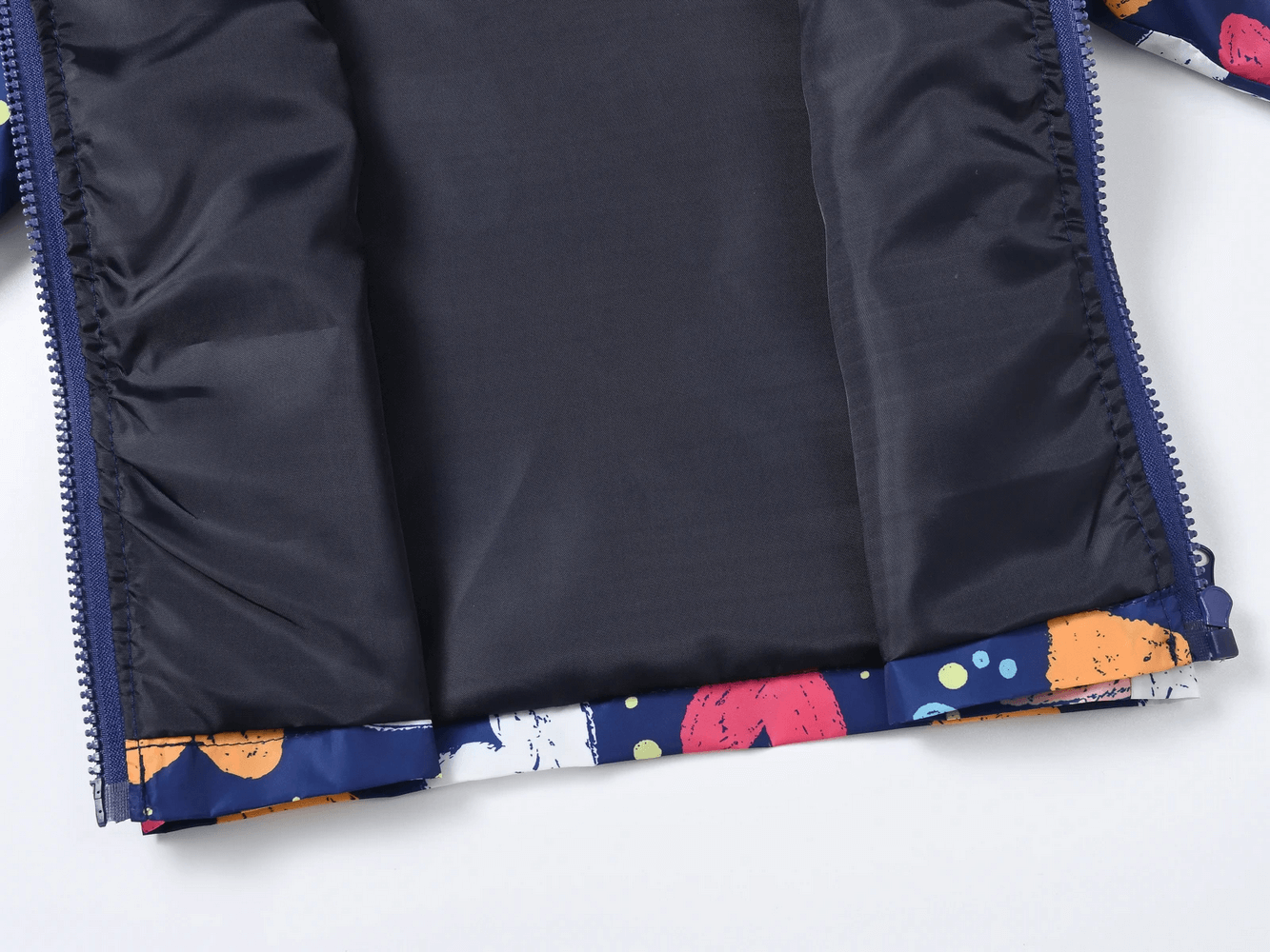 Interior view of the Cute Printed Hooded Windbreaker Jacket - SF3594, showcasing cozy lining and colorful print details for kids.