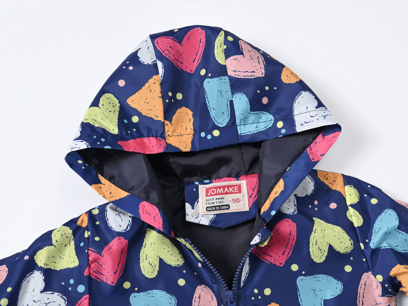 Cute Printed Hooded Windbreaker Jacket - SF3594 with colorful heart patterns, perfect for kids' playful outdoor wear.