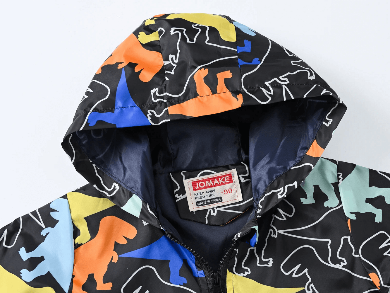 Cute Printed Hooded Windbreaker Jacket - SF3594 with colorful dinosaur prints and front zipper for kids' outdoor fun.