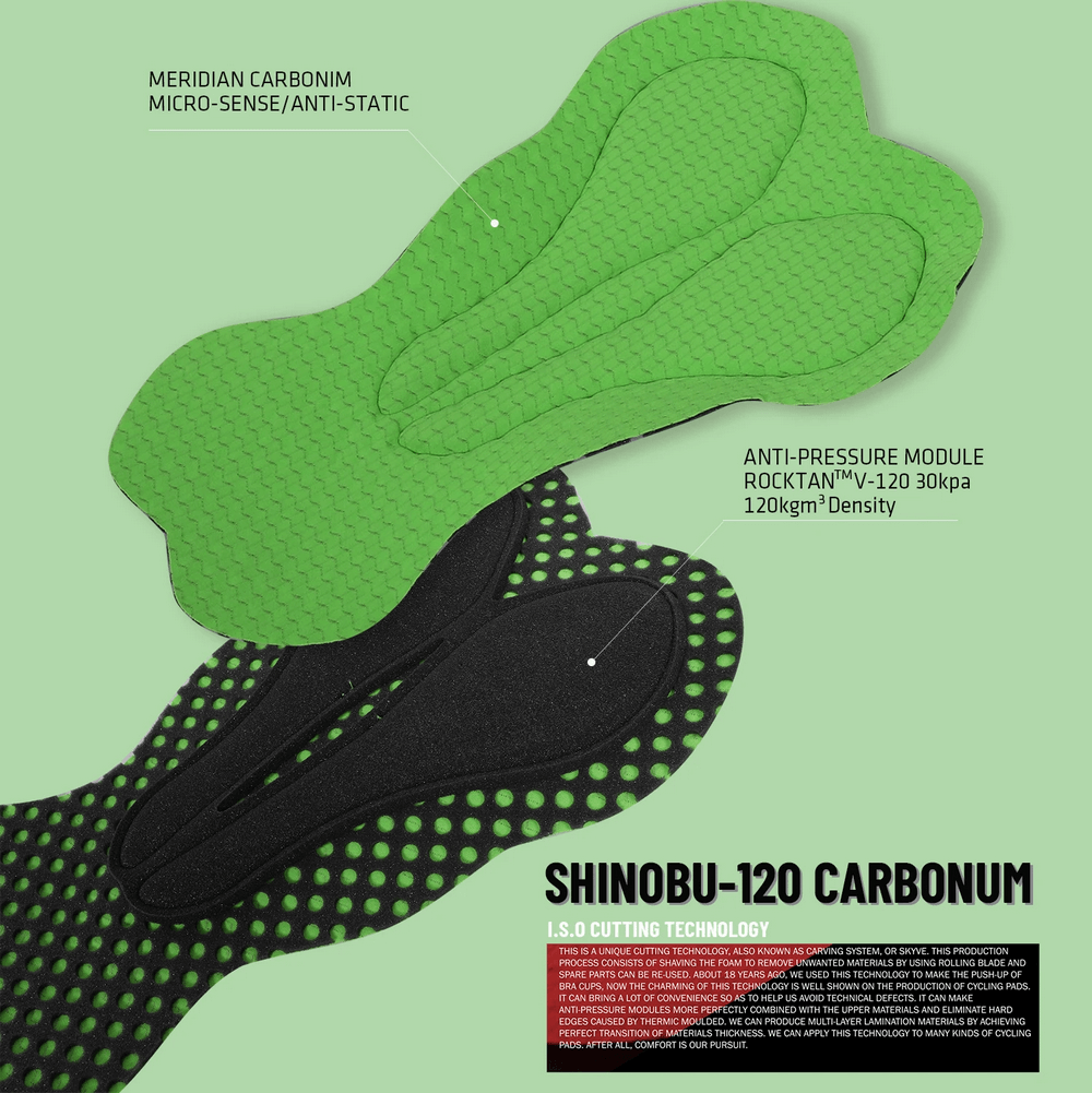 Green and black SHINOBU-120 Carbonum cycling pad with anti-pressure module and ergonomic design for comfort and performance.