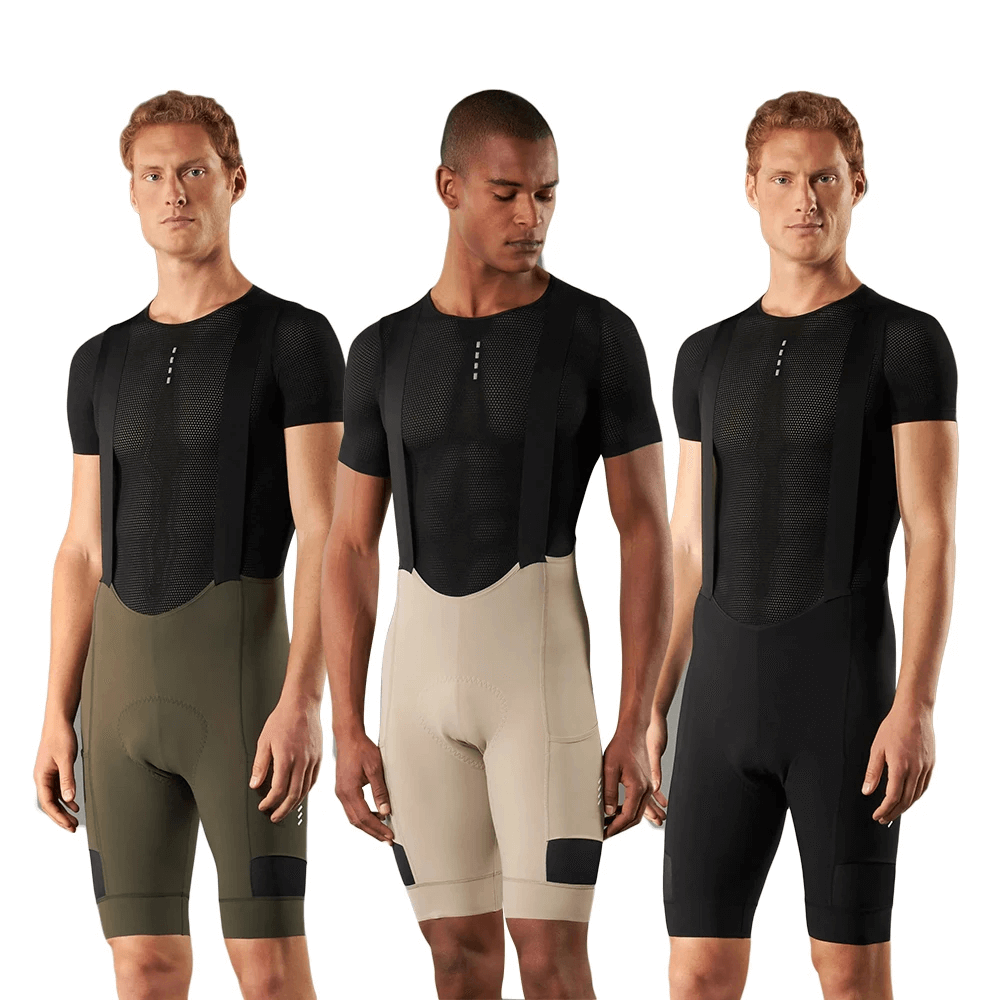 Three men wearing Cycling Bib Shorts with 3D Shockproof Sponge Pad, featuring breathable fabric and ergonomic design for optimal performance.