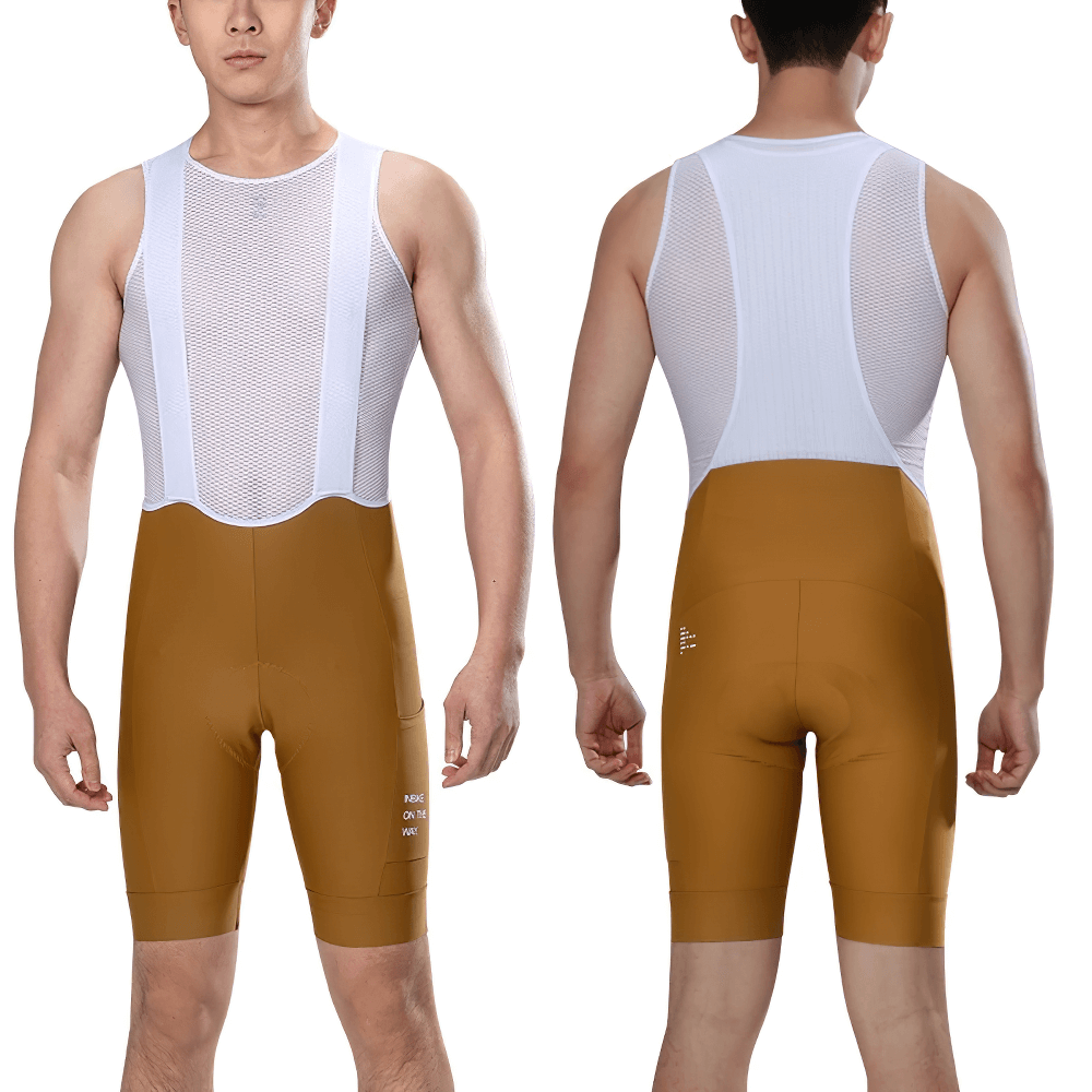 Men's cycling bib shorts with padding and side pockets, front and back view. Ideal for enhanced performance and comfort on long rides.