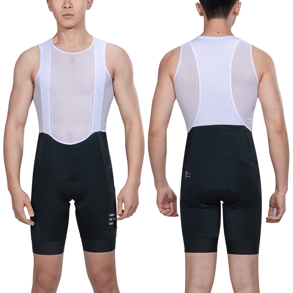 Man wearing Cycling Bib Shorts with Padding and Side Pockets SF2591, showcasing breathability and flexibility for long rides.