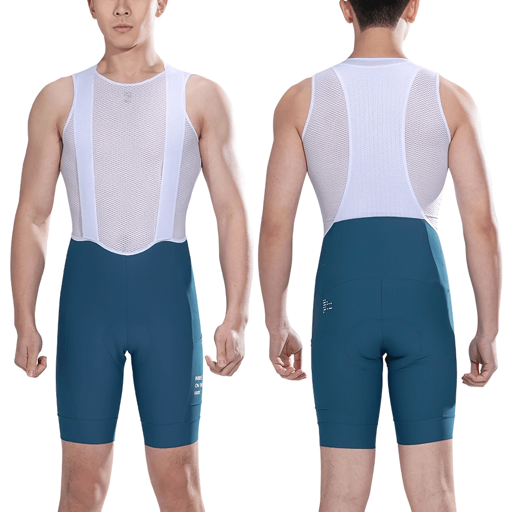 Cycling bib shorts with padding and side pockets, featuring breathable mesh straps, worn by a model from front and back view.