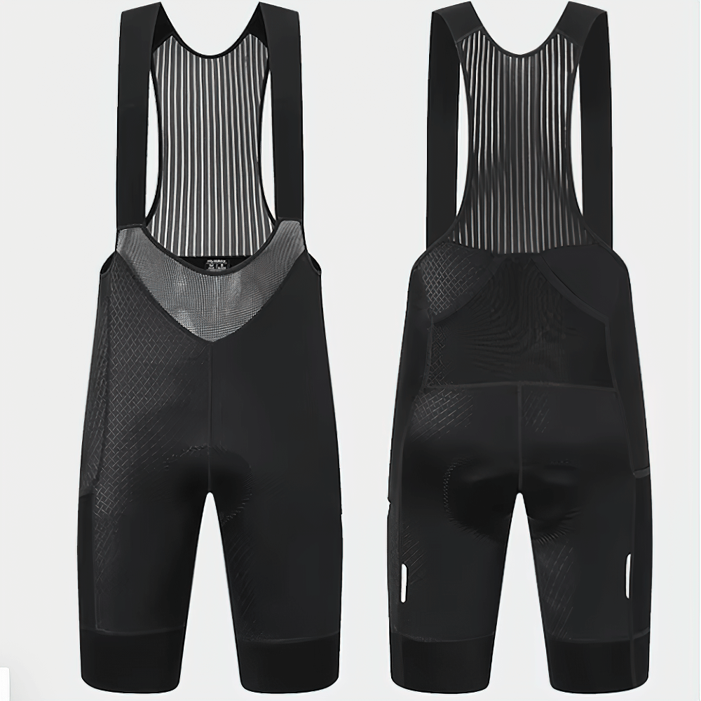 Men's cycling bib shorts with reflective details, breathable mesh straps, anti-slip leg grippers, and storage pockets for peak performance.