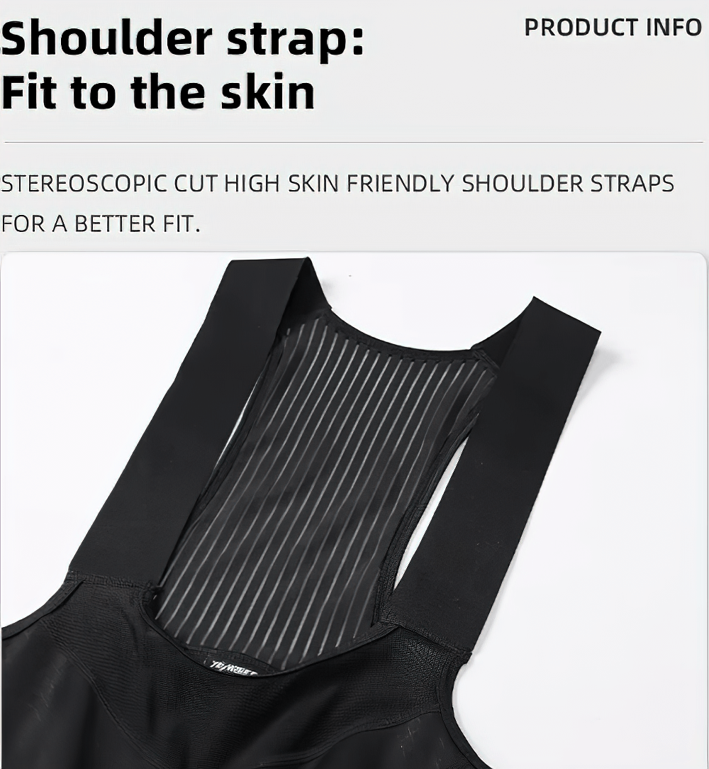 Close-up of black cycling bib shorts with high skin-friendly shoulder straps and striped mesh back for a better fit.