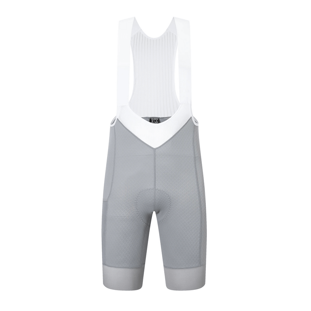 Men's cycling bib shorts with reflective details, anti-slip gripper, mesh straps, and pockets for storage.