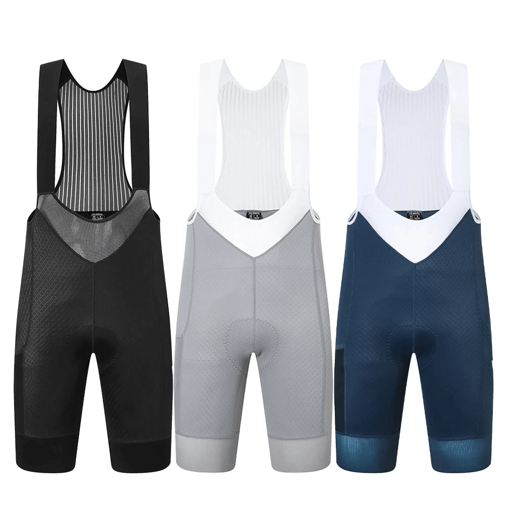 Men's cycling bib shorts with reflective details, featuring anti-slip leg grippers, mesh straps, and storage pockets in three colors.