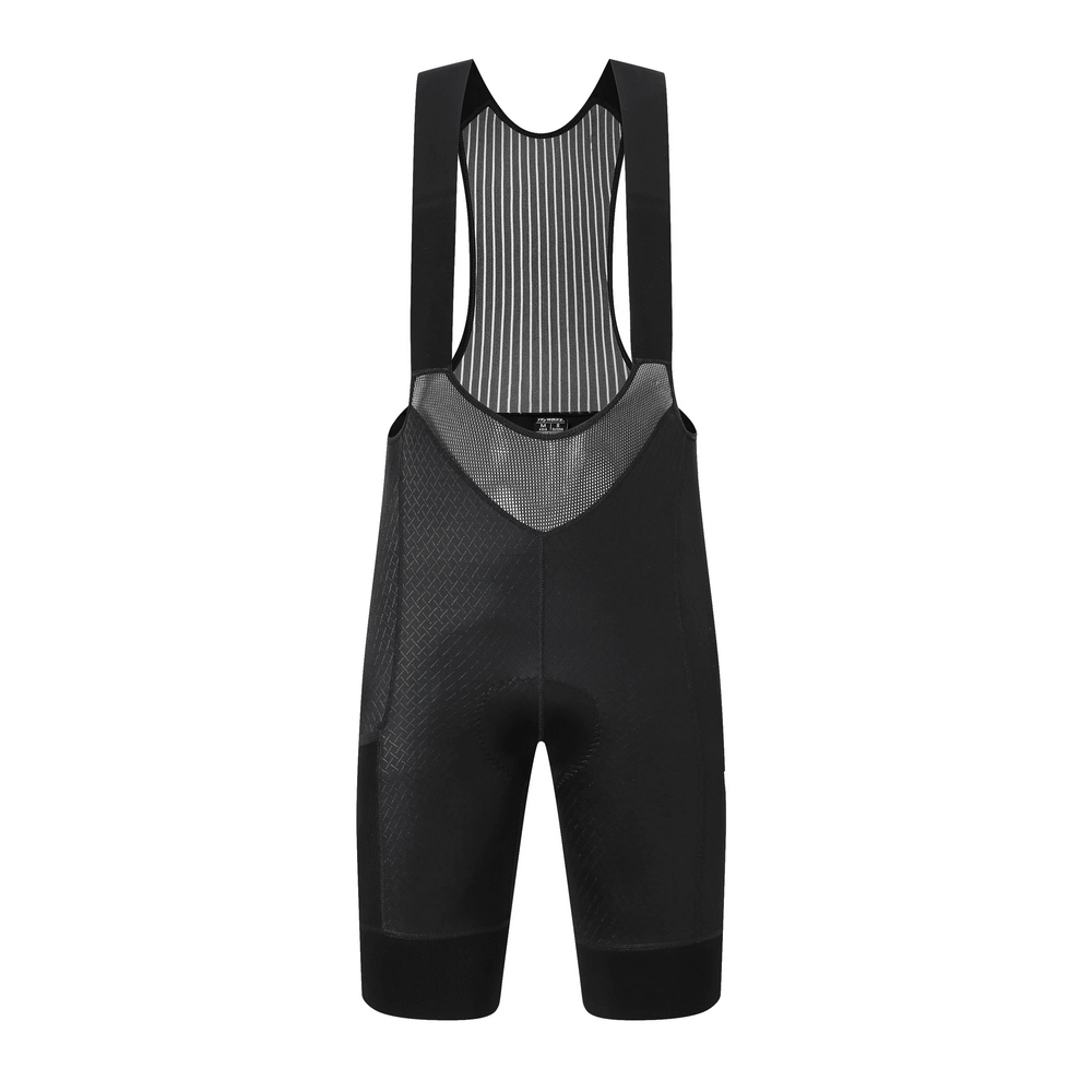 Men's cycling bib shorts with reflective details, anti-slip grip, and mesh pockets for storage. Perfect for safe night rides.