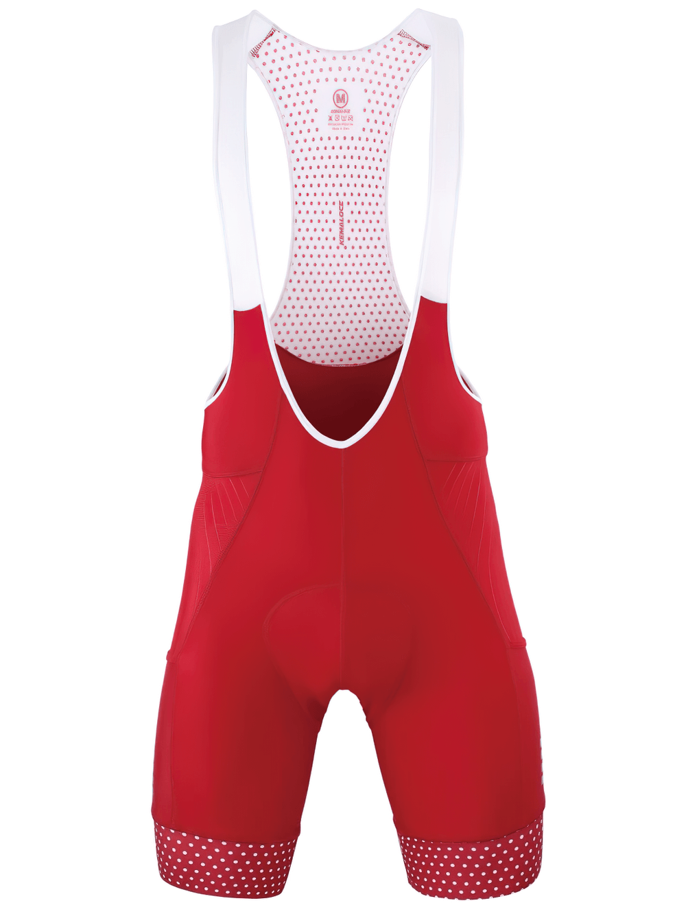 Men's red cycling bib shorts with reflective strips and non-slip leg bands, featuring breathable fabric for long rides.