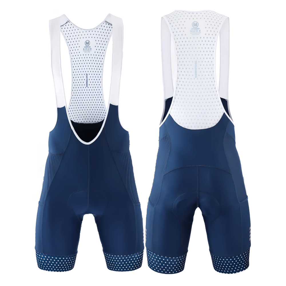 Men's navy cycling bib shorts with reflective strips, breathable fabric, and anti-slip leg bands, ideal for performance rides.