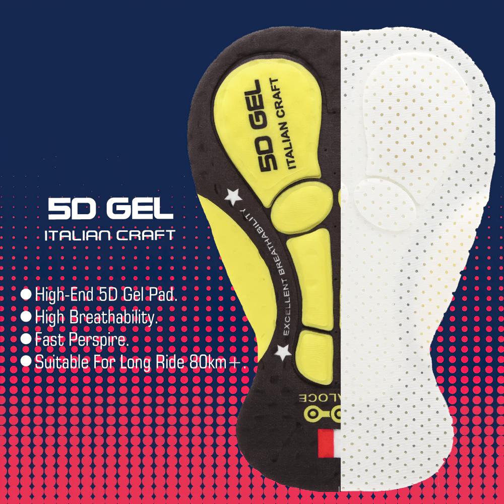 5D Gel Italian craft pad showcasing high breathability, quick perspiration, and suitability for long rides up to 80km.