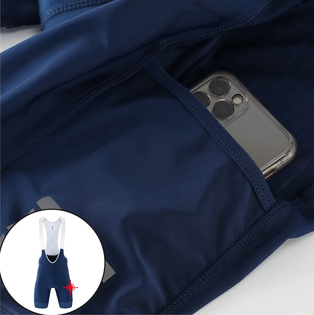 Close-up of navy cycling bib shorts pocket with smartphone, featuring breathable fabric and reflective strips for enhanced biking performance.