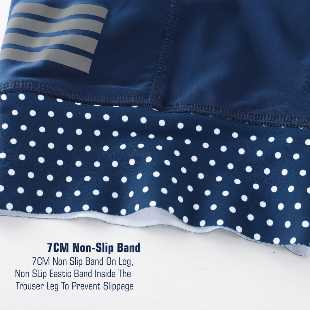 Close-up of men's cycling bib shorts with 7cm non-slip leg band, featuring a polka dot design for secure fit and performance.