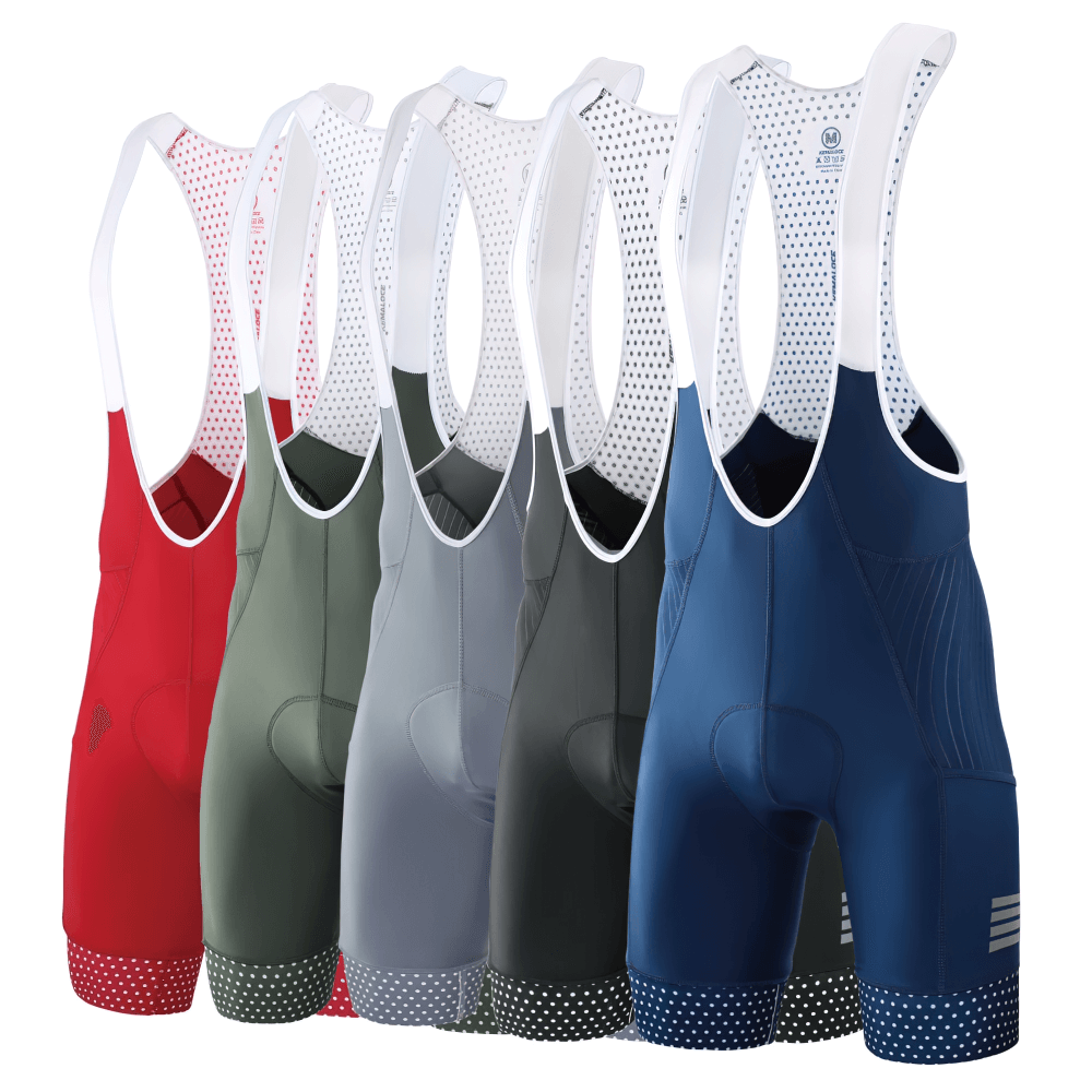 Men's reflective cycling bib shorts in various colors with anti-slip leg bands and side pockets for smartphone storage.