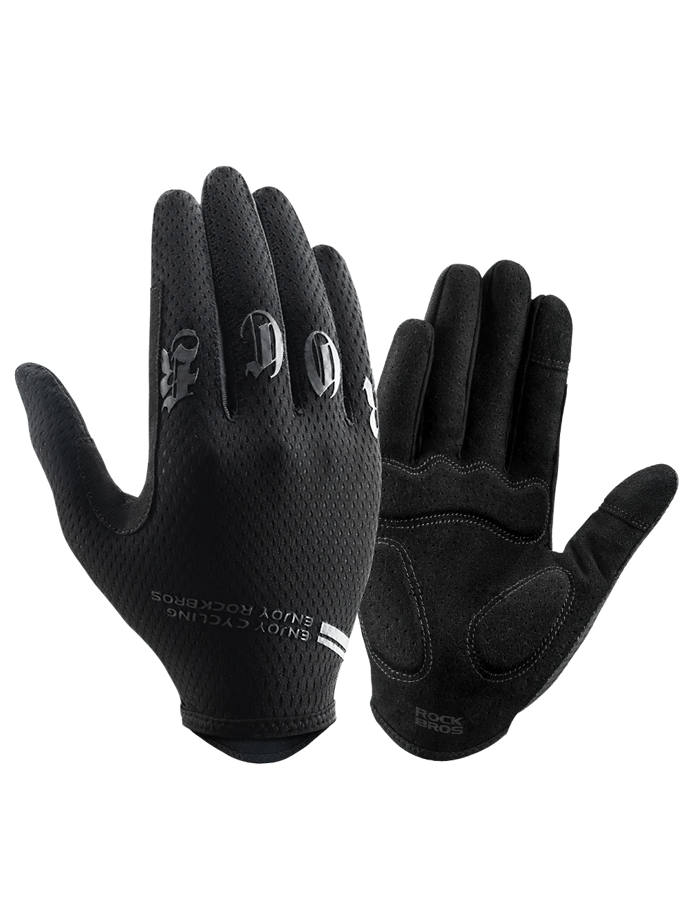 Full finger black cycling gloves with touchscreen tips for MTB and road biking, offering breathable and non-slip grip for outdoor sports.